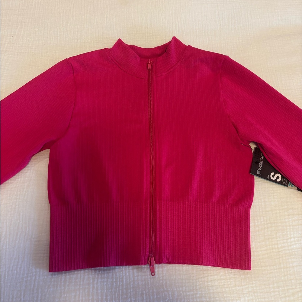 Hot Pink Ribbed Cropped Workout Jacket - Picture 3 of 14